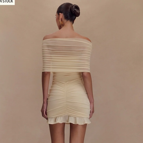 NWT Meshki Caspian Slinky And Mesh Off Shoulder Mini Dress - Ivory - Picture 2 of 7